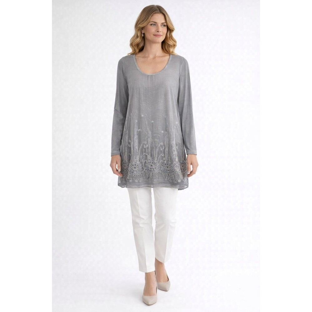 SOFT SORROUNDINGS Women's XS Gray 100% Silk Top Tunic‎ Beaded Embroidered 25743
